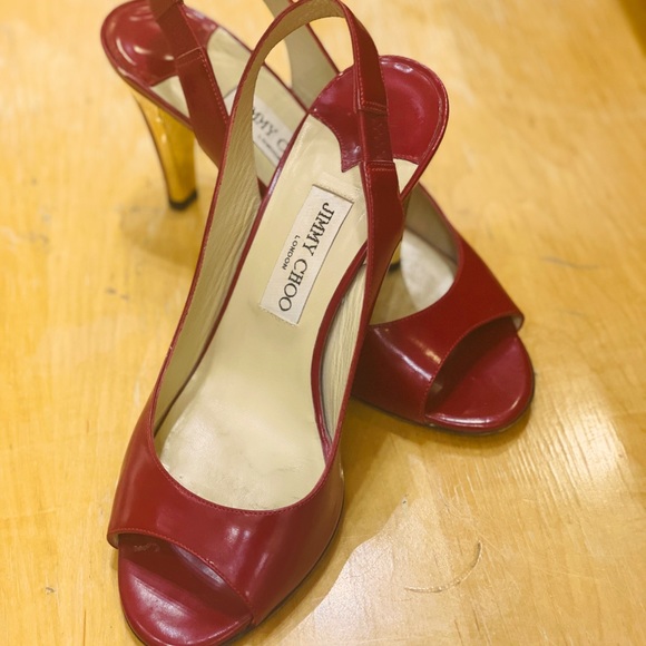 JIMMY CHOO Red Patent Leather Peep Toe Sling Back Pumps Gold Heel Sz 39 US 9 - Picture 6 of 13